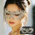 Máscara de encaje brillante con pedrería para mujeres y niñas, ideal para Halloween y fiestas. - Talla única / Plata Diamante Blanco