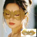 Gold lace masquerade mask with sparkling rhinestones, perfect for halloween parties. - One Size / Gold White Diamond