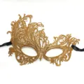 Gold lace masquerade mask detail view, delicate hollow out lace pattern with black ribbons. - Gold Wire without Rhinestones / Gold