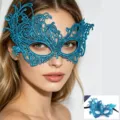 Close-up detail of the teal lace masquerade mask showcasing exquisite embroidery texture. - Blue