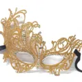 Gold lace masquerade mask with glittering rhinestones and elegant black ribbons for party. - Gold Thread with Rhinestones / Gold