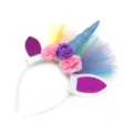 Cute unicorn party headband with blue horn colorful flowers and tulle for festival dress up - Blue