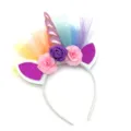Unicorn headband for girls, sparkly unicorn horn with colorful tulle and floral party accessories. - Pink