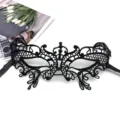 Detail view of a black lace masquerade eye mask, perfect for Halloween parties and adult events. - One Size / Style 3 Black
