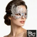 Splendida maschera in metallo argentato con strass blu per feste, Halloween ed eventi. - Fenice d'argento con strass blu