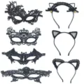 Schwarze Spitzen Maske und Katzenohren Haarreif Set für Party Halloween Kostüm Zubehör. - Set mit 7 Stilen