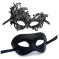 Black lace and smooth masquerade masks set for party, Halloween, and couples events. - Black Phoenix + Black Eye Mask