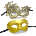 Gold lace masquerade mask set Halloween party half face eye mask couple props chic. - Golden Phoenix Mask & Golden Eye Mask