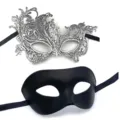 Masquerade lace eye mask set, elegant silver and black half face masks for party halloween. - Silver Phoenix Mask & Black Eye Mask
