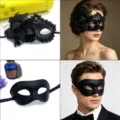 Black masquerade masks couple set, perfect for Halloween party, lace eye masks, and ball events. - Flat Top Black + Side Flower Black