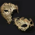 Gold metal masquerade mask with rhinestones, perfect for half face party and Halloween use. - Large Gold One-Eye + Gold Phoenix