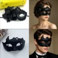 Black vintage couple masquerade masks set, half face lace flower eye mask for Halloween party. - Flame Black + Side Flower Black