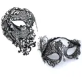 Exquisite metal laser cut masquerade mask with sparkling rhinestones for party cosplay and events. - Large Black One-Eye + Black Phoenix