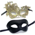 Couple masquerade masks set featuring gold lace embroidery and matte black half face masks for party. - Gold Phoenix + Black Eye Mask