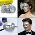 Silver masquerade masks couple set, half face glitter rhinestone Venetian party masks. - Flat Top Silver + Side Flower Silver