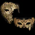 Maschera metallo oro strass dettaglio che mostra il design intagliato in filigrana per festa. - Grande monocolo dorato + sette strass dorati