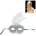 Silver lace masquerade mask with white feathers and shiny rhinestones for party costume. - One Size / White