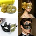 Masquerade mask couple set black and gold Venetian half face party eye mask for women men - Flame Gold + Side Flower Gold