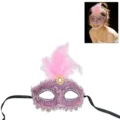Pink Lace Feather Masquerade Mask Cute Princess Party Eye Mask with Rhinestones and Ribbons - One Size / Pink
