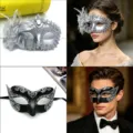 Halloween masquerade mask set, vintage glitter half face eye mask for party. - Glitter Silver Masquerade Mask with Side Flower