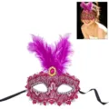 Pink lace masquerade mask with purple feathers and gem, perfect for Halloween party costumes. - One Size / Rose Red