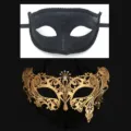 Masquerade couple mask set, black glitter and gold metal rhinestone eye mask for party and events. - Gold 017