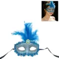 Blue lace feather masquerade mask for women, half face party ball carnival Halloween costume prop. - One Size / Blue