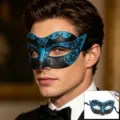 Maschera da ballo in maschera uomo nero blu glitter mezzo viso accessorio festa di Halloween. - Blu lago glitterato