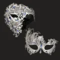 Maschera in metallo argentato con strass blu per feste, elegante mezza maschera di costume. - Grande monocolo d'argento con strass blu + fenice