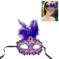 Purple lace masquerade mask with feathers and gem, perfect for Halloween parties and ball performances. - One Size / Purple