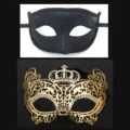Masquerade couple mask set gold metal rhinestone crown black lace eye mask party props - 02 Gold