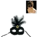 Black lace masquerade mask with feathers and rhinestones for party cosplay and costume ball - One Size / Black