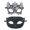 Couple masquerade masks set, black metal rhinestone crown mask and glitter eye mask for party. - Style 2 Black