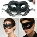 Black lace masquerade mask set for men and women, ideal for Halloween and Christmas parties. - Black + Custom 015 Black
