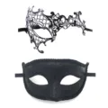 Black couple masquerade masks set, metal rhinestone filigree and glitter fabric party eye mask. - Black
