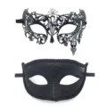 Set maschere di carnevale coppia nero metallo strass e maschera occhi per festa - 017 Nero