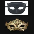 Set Di Maschere Di Masquerade Metallo Strass E Nero Glitter Per Festa E Spettacolo - Oro 014