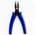 Mini jewelry craft pliers with blue handles for DIY wire wrapping and beading projects. - Snap Ring Pliers