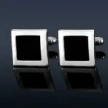 Classic square silver cufflinks with black center for men business shirt formal wear. - Cufflinks Only (B1160)