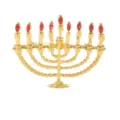 Gold-tone menorah brooch featuring sparkling red crystal flame accents, elegant Jewish pin. - Gold Menorah Candlestick Style (C2747-2)
