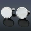 Round silver-tone alloy cufflinks with white shell inlay, elegant business suit accessory variant. - Cufflinks Only (B1266-1)