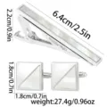 Men silver alloy tie clip and square cufflinks set with white shell inlay and size details - Tie Clip and Cufflinks Set (AD2080)