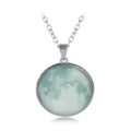 Luminescent moon glass pendant necklace detail shot, glowing night effect turquoise gemstone. - A2052