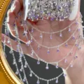 Silver rhinestone chain detail shot, featuring sparkling purple crystal pendants for DIY crafts. - Silver / Purple