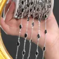 DIY metal station chain with black marquise gems for jewelry making and crafts accessories. - Black Silver