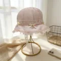 Cute pink mesh baby bucket hat with lace trim and sweet bows, lightweight floral summer sun hat. - M / Pink