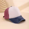 Detailed view of colorblocked washed distressed baseball cap, vintage ripped trendy dad hat. - M (56-58cm) / Navy Blue + Wine Red