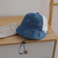 Kids summer mesh bucket hat with cute bear embroidery, breathable outdoor sun protection hat. - M / Blue