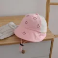 Kids pink mesh breathable sun hat cute bear embroidery adjustable chin strap outdoor wear - M / Pink