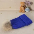 Blue winter knitted beanie hat with fluffy fur pompom, thick warm casual style for women. - Sapphire Blue